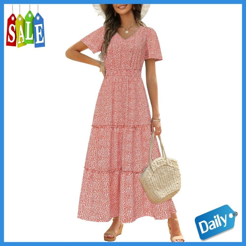 Long Summer Maxi Dress V Neck Smocked Waist Tiered Boho Floral